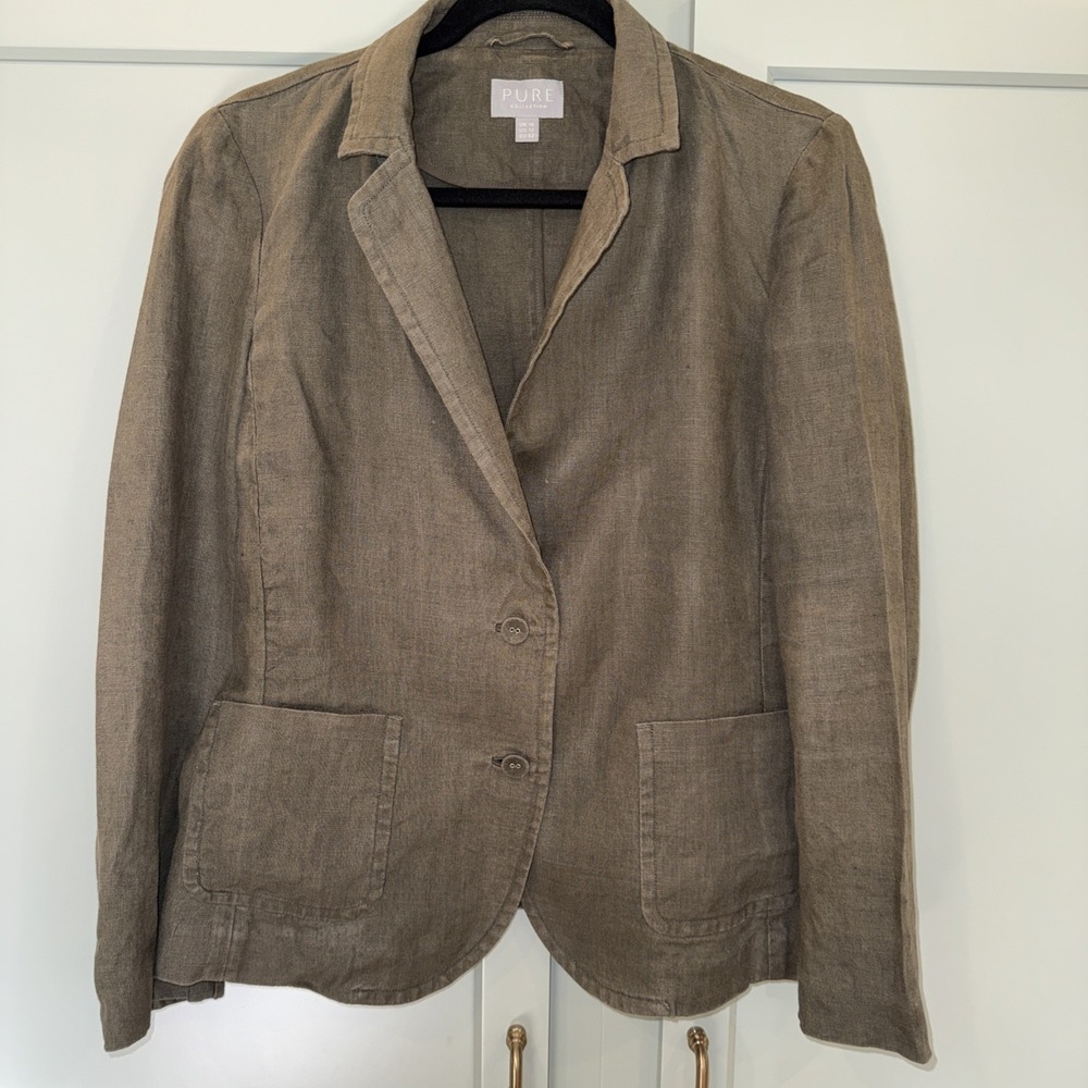 Pure Collection‎ Blazer Womens 12 Linen Two Button Lightweight Jacket Olive
